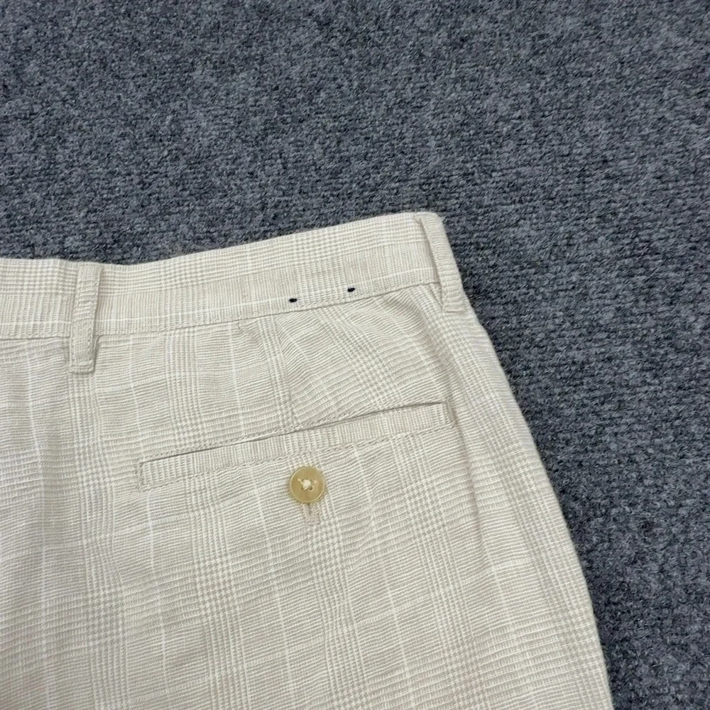 J Crew Pants Men 32x34 Beige Linen Cotton Plaid Straight Leg Chino Preppy Casual